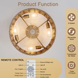 19 inch Natuurlijk Rotan Plafondventilator met Licht - Dubbele bediening via app en afstandsbediening - 6 snelheden omkeerbaar - Stille motor - ABS-bladen - Geschikt voor kleine lage ruimtes in rustieke Wabi-Sabi stijl — thumbnail 5