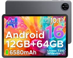 DOOGEE TAB A9 - Tablet - Android 16 - 12GB RAM + 64GB ROM（2TB/TF） - 10 Inch - 6580 mAh - 5G WiFi - Tablet Unisoc T310 - Dubbele Luidspreker - 3,5 mm aansluiting - Face ID - Grijs