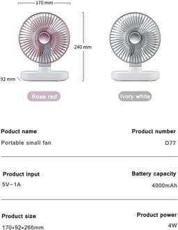 Oplaadbare bureauventilator – ventilator - Stille, draadloze miniventilator – 4 snelheidsstanden – Automatische oscillatie (90°) – Accu met hoge capaciteit (4000 mAh) – Draagbaar, opladen via USB — thumbnail 2