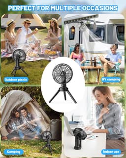 Campingventilator – Oplaadbare Ventilator met 7500mAh Batterij – Traploze Snelheidsregeling – LED-Verlichting – 180° Oscillatie – USB-C – Powerbankfunctie – Draagbare Ventilator voor Camping, Thuis en Kantoor — thumbnail 2