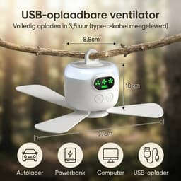 Rosnek Oplaadbare Plafondventilator met Lamp - 8000mAh Campingventilator - Draadloze Tentventilator met Onafhankelijk Nachtlampje & Afstandsbediening - Plafondlampen met ventilator Ø 27cm - Wit — thumbnail 4
