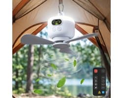 Rosnek Oplaadbare Plafondventilator met Lamp - 8000mAh Campingventilator - Draadloze Tentventilator met Onafhankelijk Nachtlampje & Afstandsbediening - Plafondlampen met ventilator Ø 27cm - Wit — afbeelding 1