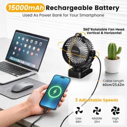 Klemventilator 15000mAh – Stille Tafelventilator 35 dB – 3 Snelheden – LED-Licht – Afstandsbediening — thumbnail 4