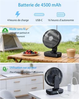 USB-bureauventilator met automatische oscillatiefunctie, oplaadbare batterij van 4500 mAh,4 ventilatorsnelheden, digitaal display, snelladen, draagbaar ontwerp, geschikt voor thuis, kantoor, slaapkamer, buiten en andere locaties (zwart). — thumbnail 2