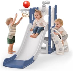 5-in-1 glijbaan voor kinderen, 5-in-1 glijbaan voor binnen en buiten, speelplaats voor kinderen met basketbalmand, opbergruimte en telescoop, speelplaats voor kinderen vanaf 1 jaar, blauw — thumbnail 1