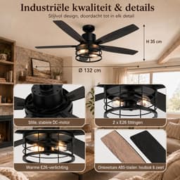Lapamax Zwart Plafondventilator met Verlichting 132 cm –Modern industrieel Ventilator Lamp met Afstandsbediening – 6 Snelheden, Timer en Zomer/Winterstand – Voor Slaapkamer, Werkkamer en Veranda — thumbnail 3
