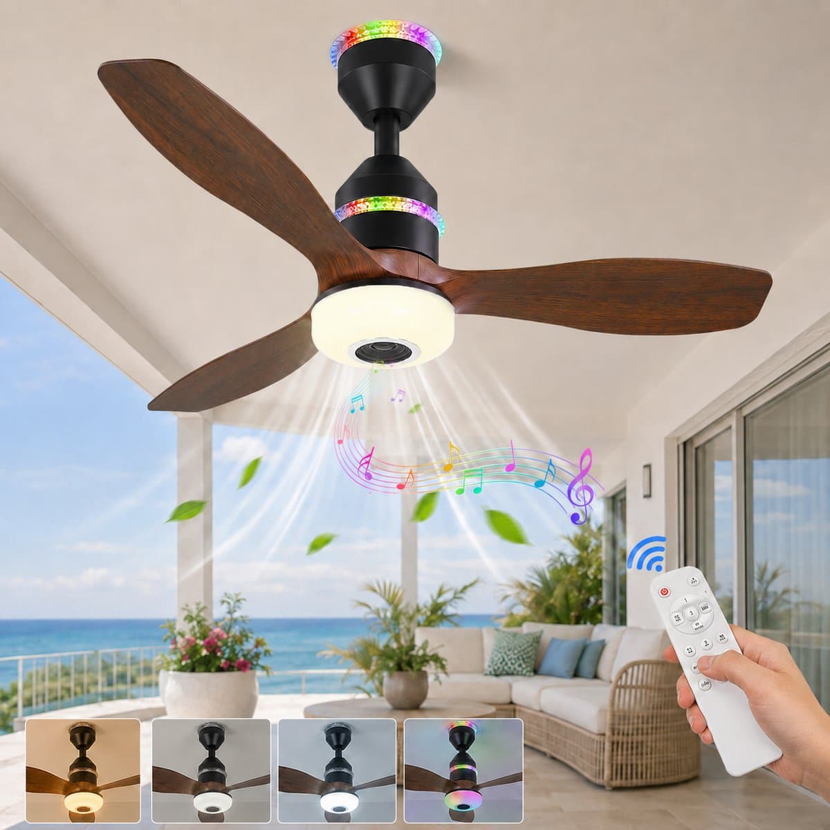 MUPOO Houtlook plafondventilator met verlichting RGB Ø61cm-RGB LED plafonventilator afstandsbediening met Bluetooth Speaker-plafonniere met ventilator met 3 Snelheden & Slaapmodus- ventilator lamp plafond Voor slaapkamer,Woonkamer veranda — afbeelding 1