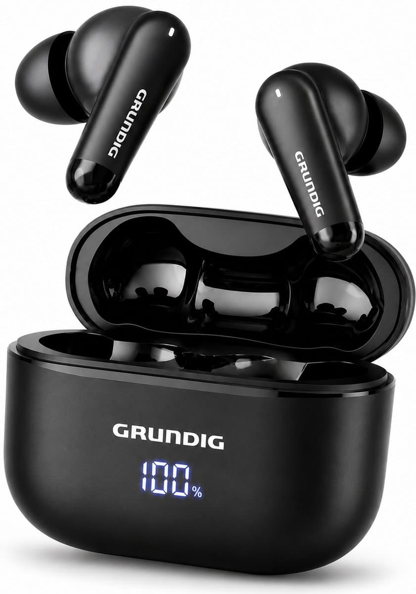 Grundig Draadloze Oordopjes - Earbuds 15 Uur Afspeeltijd - Oortjes Draadloos Bluetooth 5.3 - Oplaadcassette met Batterij Indicator - USB-C Oplaadbaar - Handsfree Bellen en Muziek Luisteren - Zwart — afbeelding 1