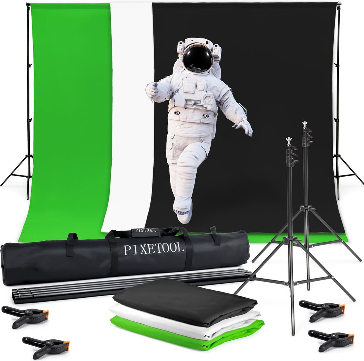 Pixetool Green Screen Doek 2,8 m x 1,8M met Achtergrondsysteem 2 x 2M - Fotostudio - Green Screen Studio - Greenscreens Doeken - Inclusief Zwart en Wit Achtergronddoek - Inclusief 4 klemmen — afbeelding 1