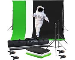 Pixetool Green Screen Doek 2,8 m x 1,8M met Achtergrondsysteem 2 x 2M - Fotostudio - Green Screen Studio - Greenscreens Doeken - Inclusief Zwart en Wit Achtergronddoek - Inclusief 4 klemmen