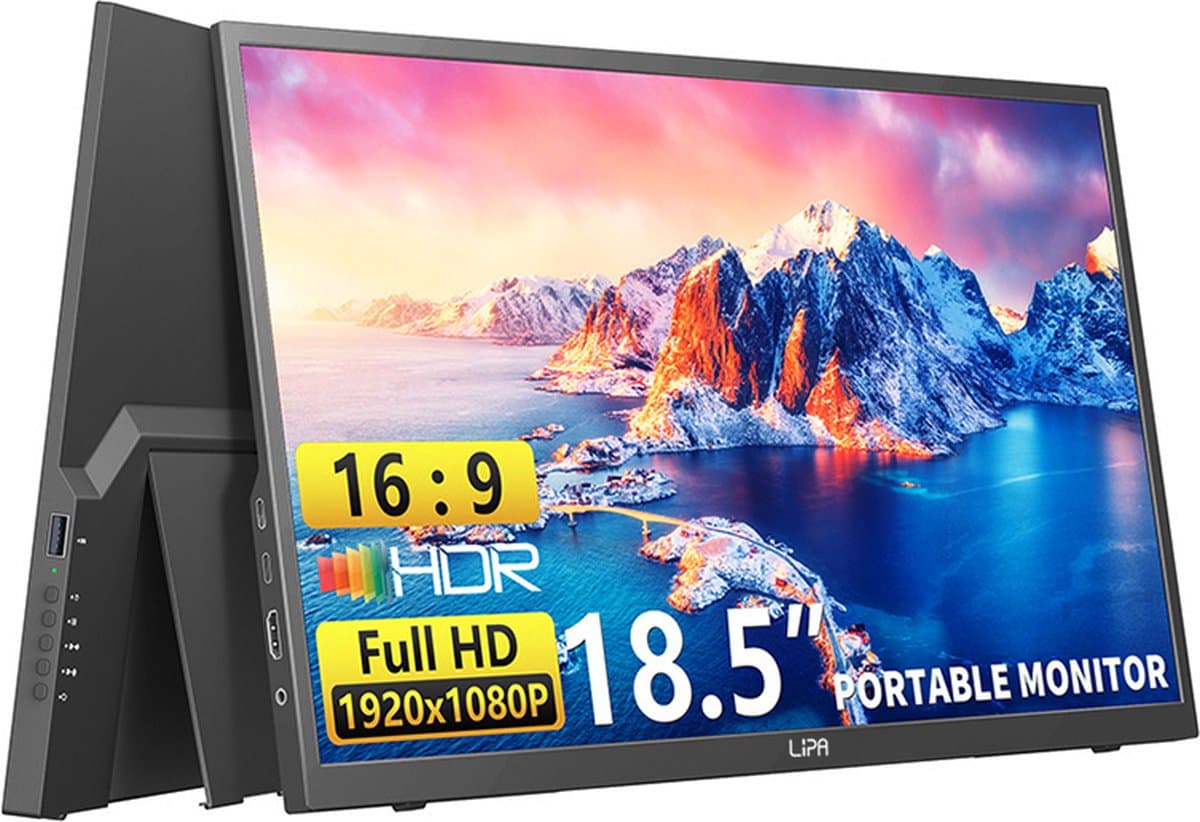 Lipa HDR-80 portable monitor Full HD 18.5 inch - Draagbaar scherm - Computerscherm - Beeldscherm - 100 Hz - HDMI - 2x USB C - Met hoes en kickstand - Ook voor game consoles - Freesync - 1920 x 1080 pixels - Dual Speakers - Energiezuinig — afbeelding 1