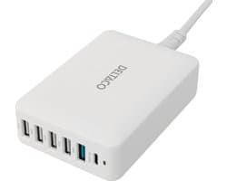 Deltaco USBC-MO100 USB Oplaadstation - 6 Apparaten - 1 x USB-C PD 30W - 1 x USB-A 18W - 4 x USB-A 12W - Totaal 60W - Wit