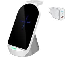 DrPhone QW2 – 3 in 1 Draadloze lader – Dock - 15W + QC Adapter -Geschikt voor IOS Smartphones iOS iPhone Smartwatch 38 t/m 45mm & iOS 2/PRO TWS Oordoppen – Wit