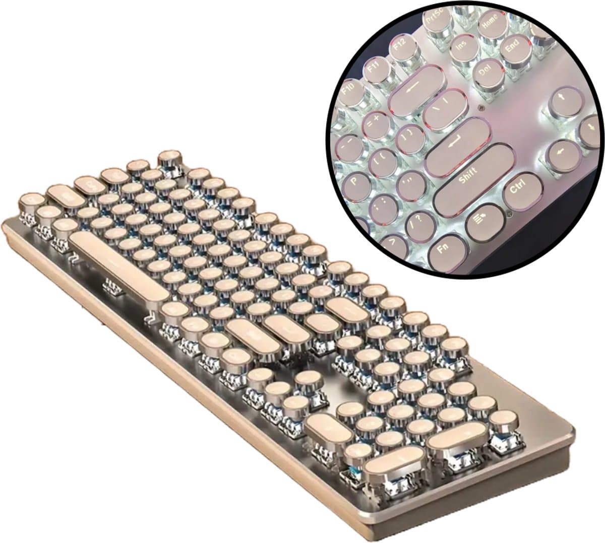Steampunk Retro Mechanisch Toetsenbord – Wit - Bedraad – 104 Toetsen – RGB Verlichting – Ergonomisch – Metalen Behuizing – Typemachine Stijl – Geschikt voor Gaming & Kantoor – Windows & Mac — afbeelding 1