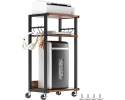 TRANKIELO® - Hoogwaardige Mobiele Printer Tafel – Verstelbare en Verrijdbare Office Organizer – 3 Planken, 6 Haken – Rustiek Bruin