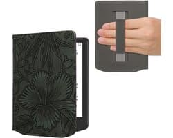 kwmobile e-reader hoesje geschikt voor Pocketbook Verse / Verse Lite / Verse Pro / Color / Vivlio Light/Light HD hoes - E reader flip case met magneetsluiting - Ereader cover - Bloemen in reliëf design in groen