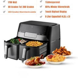 Zylo® Dubbele Airfryer - Heteluchtfriteuse - Duo Airfryer - 9 L - - 35x39x31cm - Zwart — thumbnail 3