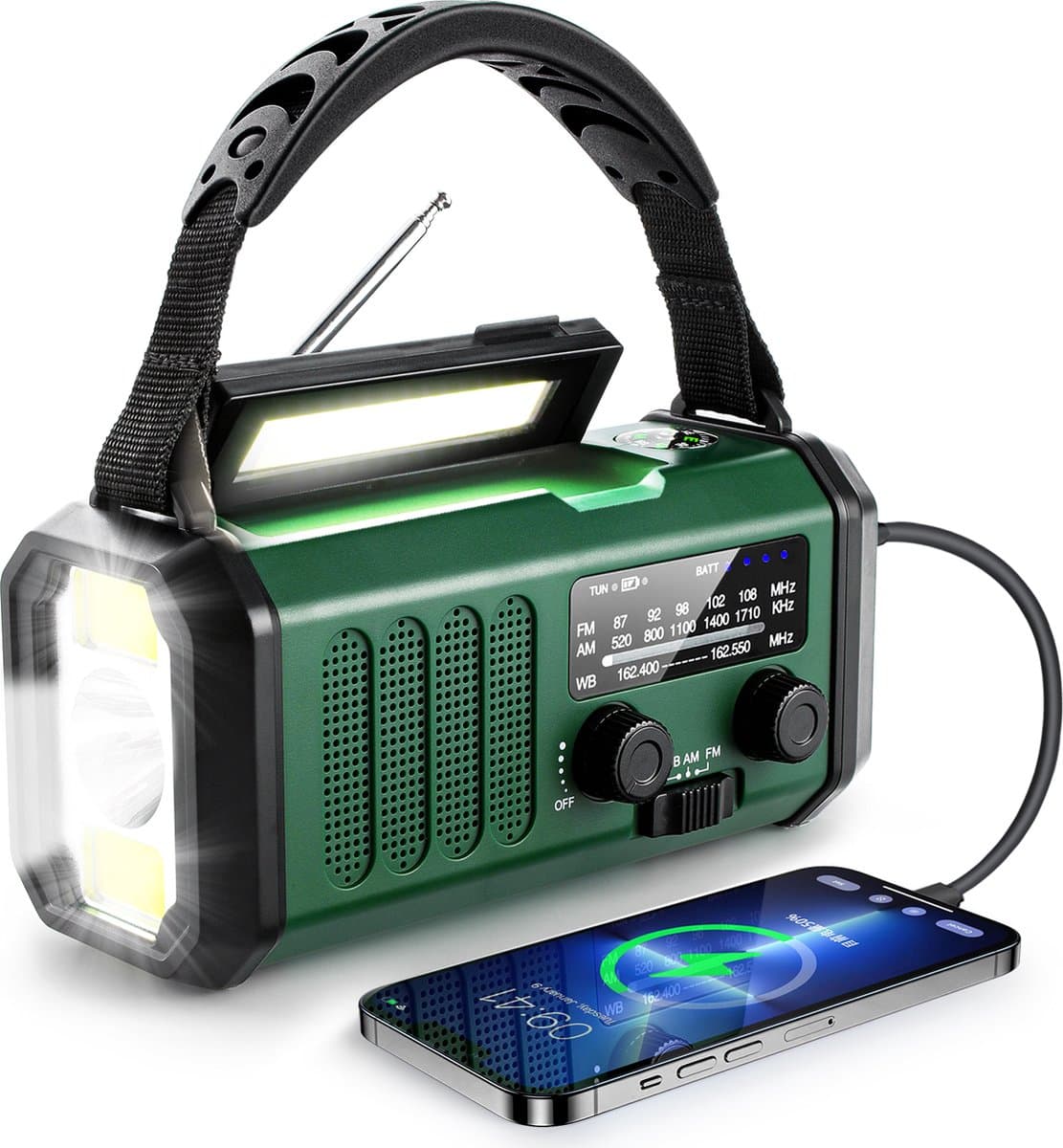 Noodradio - Model XSY330 - Solar Powerbank - Opwindbaar - 10.000 mAh - Noodalarm - Draagbare Radio op accu - Zaklamp - Survival Noodpakket - Groen - Legergroen — afbeelding 1
