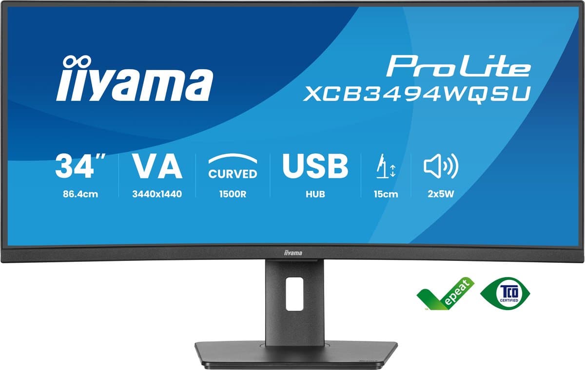 iiyama ProLite XCB3494WQSU-B1 - 34 inch - WQHD - VA - USB-Hub (4x) - Verstelbaar - Curved — afbeelding 1