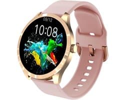 Belesy® BQSiRgPk 2022 - Smartwatch Dames – Smartwatch Heren - Horloge - 1.28 inch - Kleurenscherm - Stappenteller - Bloeddruk - Hartslag - 75+ Wijzerplaten – Sporten – Goud – Siliconen - Roze - Moederdag