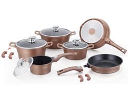 Royalty line - Set Lot 14-delige Pannenset inductie - Glazen deksel - Met afneembare handgreep - Marmeren interieur -PFAS-vrij - Koper kleur - RL2014