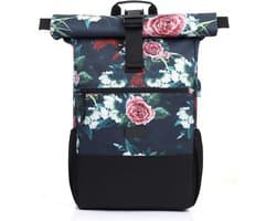 Rolltop Rugzak Dames, Laptoprugzak voor 17,3-inch laptop, Schoolrugzak voor tienermeisje met USB-oplaadpoort voor werk, universiteit, school, reizen, sportrugzak (Bloem-26L)