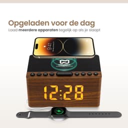 Neveda Digitale Wekkerradio Met Draadloze Oplader Telefoon - Wekkers digitaal op netstroom - Klokradio Slaapkamer - Voor kinderen & Volwassenen - Bruin hout — thumbnail 2