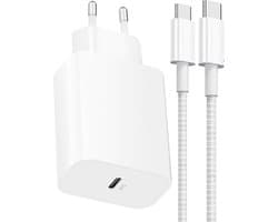 20W USB-C Power Adapter + Gevlochten Nylon USB-C naar USB-C Kabel - Snellader Apple MFI Gecertificeerd - Geschikt voor iPhone 15 / 16 / 17 Series Oplader - 1 Meter