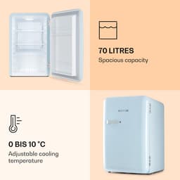Klarstein Koelkast Audrey Mini retro - volume: 70 Liter - Temperatuur: 0-10 °C - 4 Niveaus - 2 Deurvakken - 3 Schappen - Compressiekoeling - mechanische thermostaat - retro design - Jaren 50 look Blauw - voor Keuken voor Kantoor — thumbnail 6