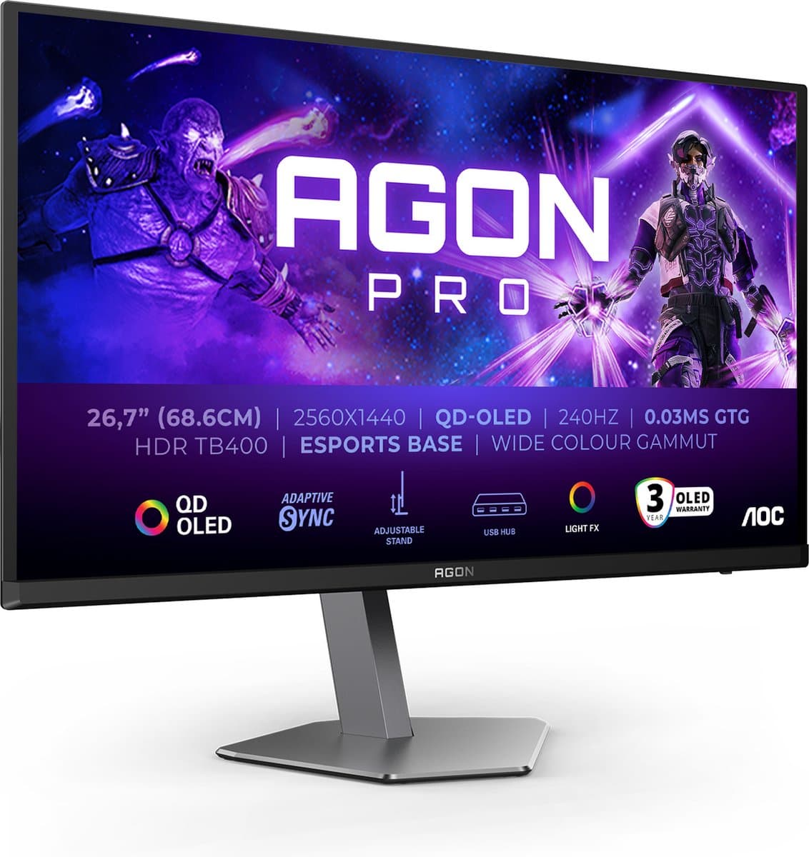AOC AGON PRO AG276QZD2 - QHD OLED Gaming Monitor - 280Hz - Esports Base - HDMI 2.1 - USB-hub - 27 inch — afbeelding 1
