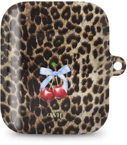 xoxo Wildhearts hoesje geschikt voor AirPods 1 & 2 - Berry Wild - Ook als telefoonhoesje verkrijgbaar - schokbestendige case - koptelefoonhoes - Beschermhoes met met tijgerprint / luipaardprint - kers print - dierenprint hoesje - kersen panterprint — thumbnail 1