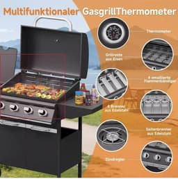 Betaalbare Gas BBQ 15KW - Buitenkeuken - Barbecue - 4+1 branders en zijbrander - Goede kwaliteit - Stevig - EU gecertificeerd - Zwart — thumbnail 4