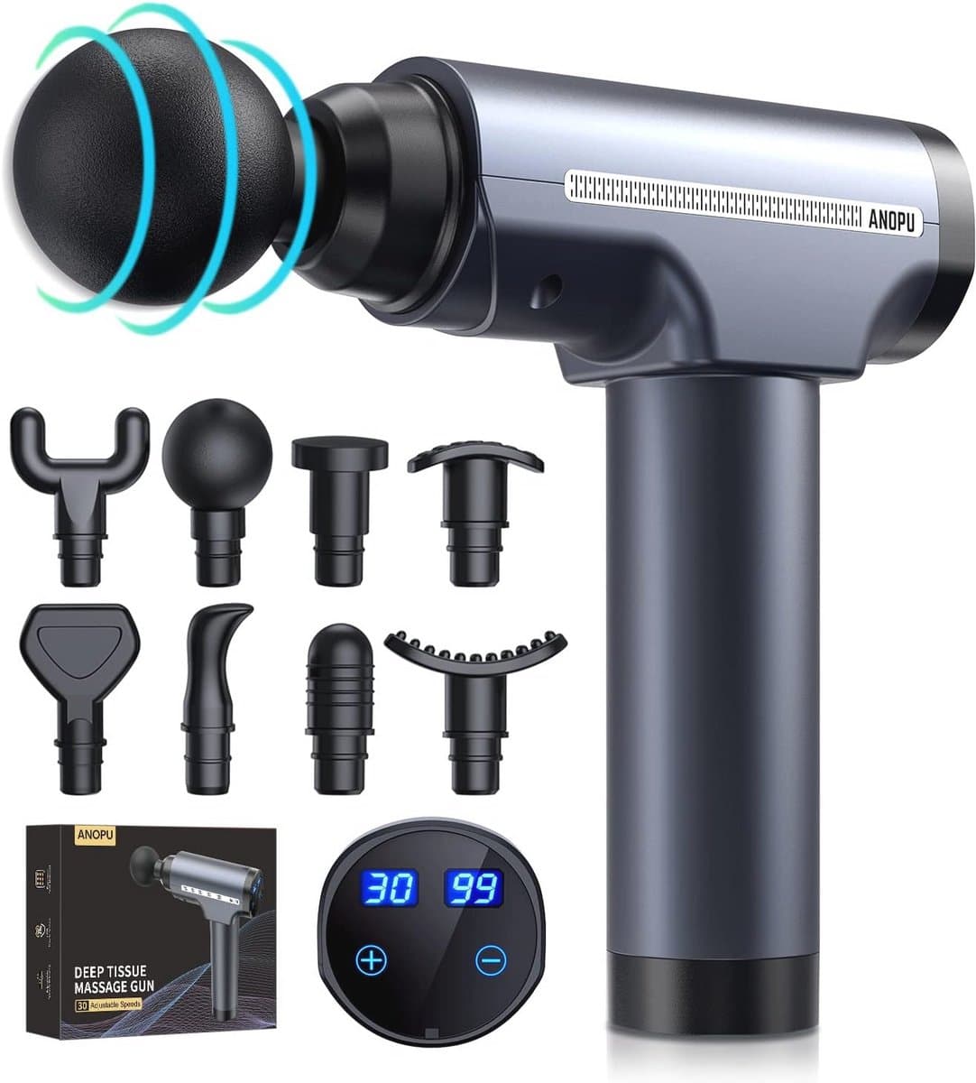 Massagepistool voor diepe weefselmassage - 30 snelheden, 8 massagekoppen, LCD-aanraakscherm — afbeelding 1