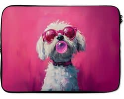 Laptophoes 13 inch - Pink - Hond - Bubbel - Laptop sleeve - Binnenmaat 32x22,5 cm - Zwarte achterkant
