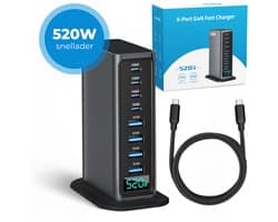 520W 8-poorts USB-oplaadtoren - Laadstation - Snellader 100W - Oplader - 4x USB-C PD Fast Charge 100W - 4x USB-A Quick Charge 30W - GaN Technologie - Inclusief USB-C 100W oplaadkabel - Zwart