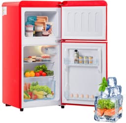 Retro koelkast. Freezer -combinatie. 88,8 cm hoog, 45,5 cm breed, twee dader, met een totaal van 60 liter totaal volume, 22 liter vriezervolume. 102 kWh/jaar, -27 ° C ∽ 13 ° C, LED -licht. Premium rode energieklasse E — thumbnail 1