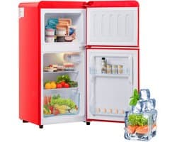 Retro koelkast. Freezer -combinatie. 88,8 cm hoog, 45,5 cm breed, twee dader, met een totaal van 60 liter totaal volume, 22 liter vriezervolume. 102 kWh/jaar, -27 ° C ∽ 13 ° C, LED -licht. Premium rode energieklasse E