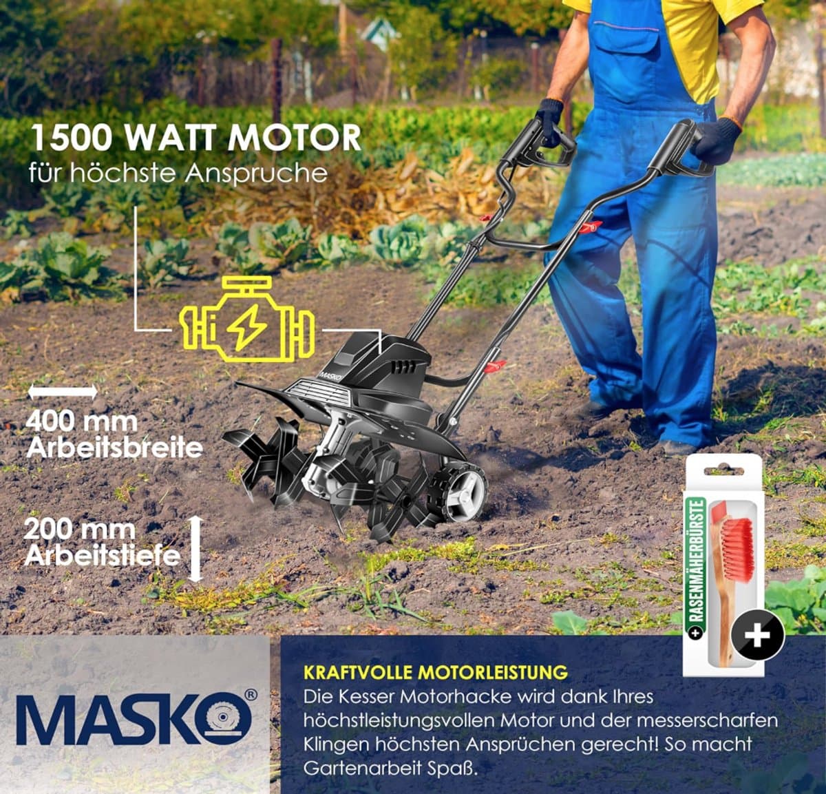 MASKO® elektrische motorhak 1500 Watt | 40 cm werkbreedte 20 cm werkdiepte | grondhak | akkerfrees landbouwer tuinfrees | elektrische hak | inklapbare handgreep | metalen behuizing | transportwielen, zwart — afbeelding 1