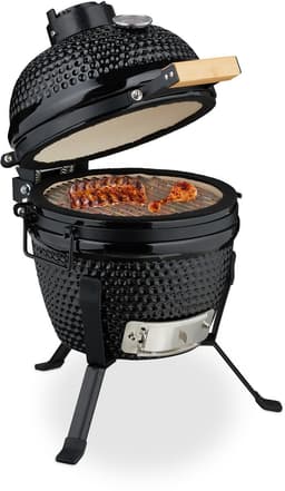 Kamado barbecue - Ø 26 cm - keramisch - met thermometer - deksel - zwart — thumbnail 1