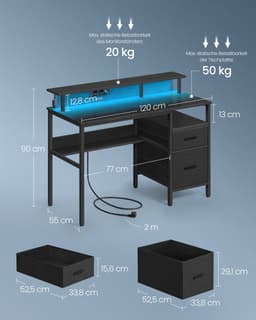 computertafel-Bureau met stoffen laden-met monitorstandaard-LED-verlichting-5 x 120 x 90 cm-zwart — thumbnail 2