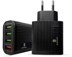 USB Adapter Met 4 Poorten - 3 x USB 3.1A - 1 x Quickcharge 3.0 - USB Stekker - USB Lader - USB Oplader - Zwart - Koptelefoon / Smartwatch / Smartphone / Tablet