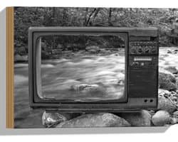 Hout - Oude Vintage Televisie met Doorkijk op Rivier (Zwart-wit) - 40x30 cm - 9 mm dik - Foto op Hout (Met Ophangsysteem)