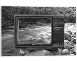 PVC Schuimplaat- Oude Vintage Televisie met Doorkijk op Rivier (Zwart-wit) - 60x40 cm Foto op PVC Schuimplaat