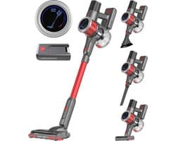 Auronic Steelstofzuiger Draadloos 350W - Draadloze Stofzuiger - HEPA Filter - Zelfstaand - Extra Accu - Op Accu - Zonder Zak - Kruimeldief - Vacuum Cleaner - Grijs/Rood