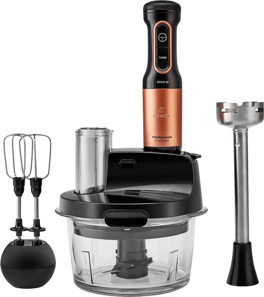 Karaca Mastermaid Prosteel - Keukenrobot 2500W – Glazen Hakmolen 1,5L – Staafmixer, Smoothiebeker, Garde, Rasp & Snijschijven – Zwart/Koper — afbeelding 1