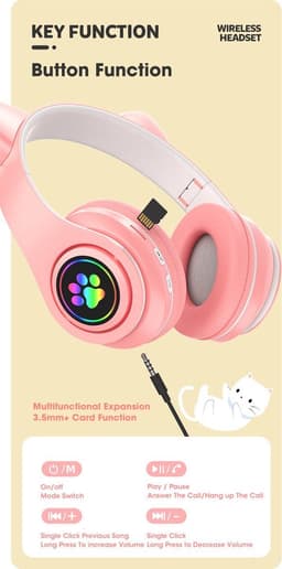 Kinder Hoofdtelefoon-Draadloze Koptelefoon-Kinder Headset-Over Ear-Bluetooth-Microfoon-Katten Oorjtes-Led Verlichting-Opbergzak-Licht Roze — thumbnail 5