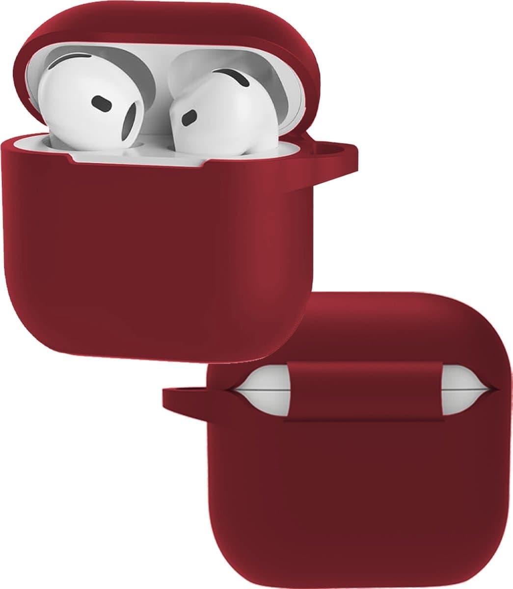Hoes - Geschikt voor Apple AirPods 4 - Siliconen Hoesje met Clip - Silicone Case Cover - Donkerrood — afbeelding 1