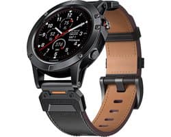 Stravo Echt leren bandje Quickfit 26mm Geschikt voor Garmin Fenix 5x (Plus) / Fenix 6x (Pro) / Fenix 7x (Pro - Sapphire - Solar) / Garmin Fenix 8 - 51mm / Enduro 1-2-3 - Robuust militair leren bandje voor Garmin smartwatches - Zwart