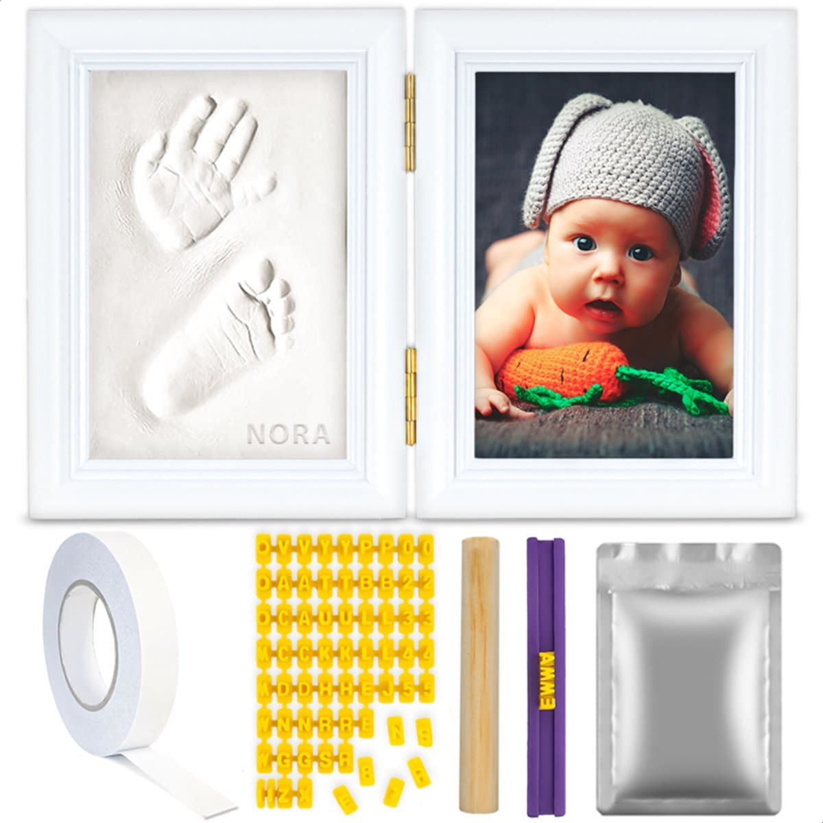 TIKIBOE Baby Fotolijst - Gipsafdruk baby - Klei Afdruk Baby Voet en Hand - Kraamcadeau Jongen of Meisje - Babyshower - Kraampakket/Geboorte Cadeau - Baby Art - Kraam Cadeau — afbeelding 1