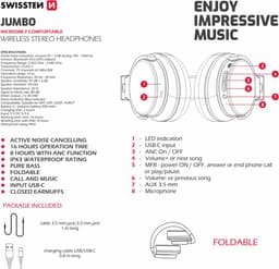 Swissten Jumbo - Draadloze Bluetooth Over-ear koptelefoon met Noise Cancelling - Zwart — thumbnail 3